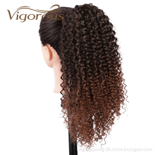 Vigorous High Quality Vendors Long Ombre Brown Kinky Curly Puff Wrap With Clips Drawstring Synthetic Ponytail Hair Extension